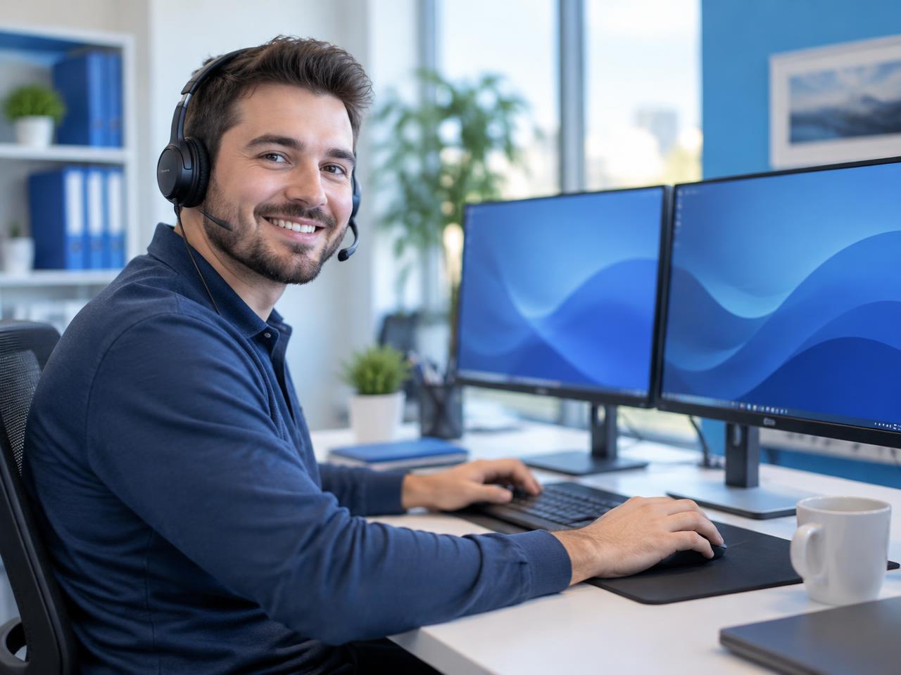 A PCX IT support engineer helping a customer from the service desk